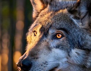 Extreme close-up of a gray wolf's face, golden eyes glowing in soft twilight, fur details visible, with a blurred forest background.