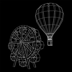 Ferris wheel with airballoon spinning amusement park. Wireframe low poly mesh vector illustration.