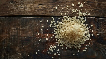 Raw Sugar Crystals on Rustic Wooden Background.