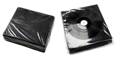 Black album cover wrapped in plastic isolated on a white background. Generative AI.