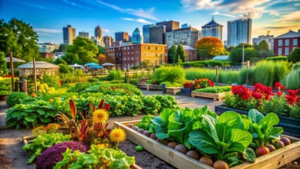 Fototapeta premium Vibrant Community Garden Showcasing Lush Vegetables and Urban Agriculture Connection in a Thriving Park Landscape