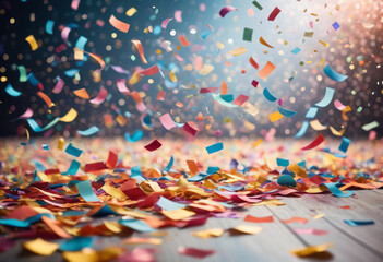festive background with colorful confetti flying in the air, holiday atmosphere