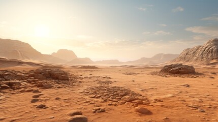 Fototapeta premium A wide open desert with backlighting, room on the right for text or design,generative ai illustration