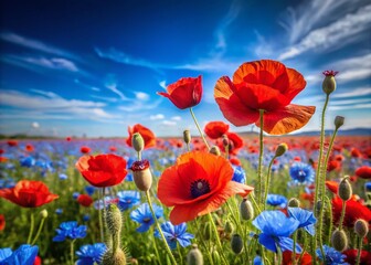 Obraz premium Vibrant Field of Red Poppies with Blue Flowers in the Background, Capturing Nature's Beauty in Full Bloom for Stunning Product Photography