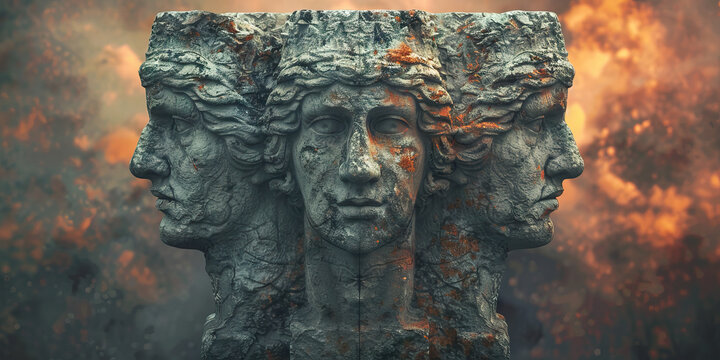 Three-Faced Stone Sculpture Against Fire Background