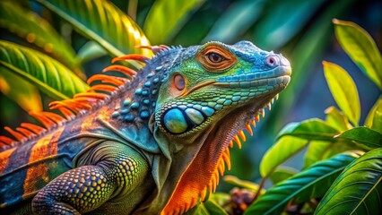 Obraz premium Vibrant Iguana Aerial Photography: Colorful Reptile, Tropical Habitat, Vivid Scales, Stunning Aerial View, High-Resolution Image