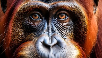 Obraz premium Extreme close-up of an orangutan's face, kind and soulful brown eyes, and detailed fur, soft natural light illuminating its features.
