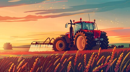 Obraz premium Vibrant Tractor Working in Golden Fields at Sunset