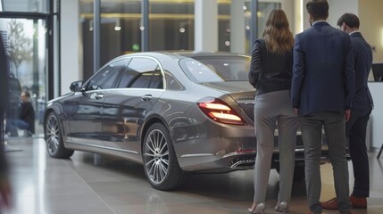 Sales team strategizes collaboration around new luxury car in contemporary dealership showroom