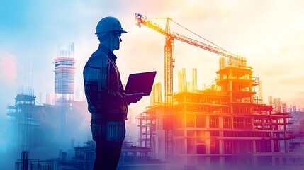 Construction Worker Wearing a Helmet and holding a laptop in the Construction Site AI Generated