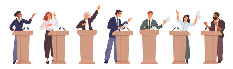 Speakers speak from stands. Political debate discussions. Presidential candidates with programs. People standing at tribunes. Election campaign. Politician speech. Garish vector set