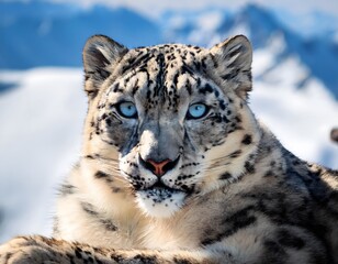 Fototapeta premium Snow leopard lying on a rocky surface, extreme close-up of its face with piercing blue eyes and soft fur, surrounded by a snowy mountain range