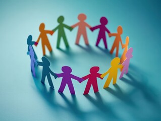 Representation diversity and inclusion with colorful paper cutout figures holding hands in a circle, symbolizing unity,