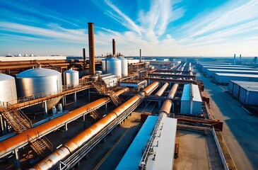 Fototapeta premium Industrial Complex: A sprawling industrial plant under a vibrant sky, showcasing intricate pipelines, storage tanks, and processing units.
