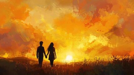Fototapeta premium A silhouette of a couple holding hands against a vibrant sunset, surrounded by golden fields and dramatic clouds.