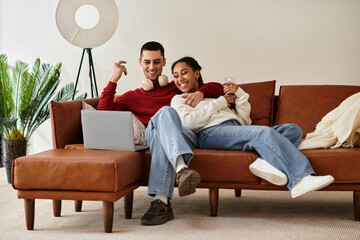 Couple enjoys a relaxed winter afternoon together in stylish loft, wrapped in warmth and love.