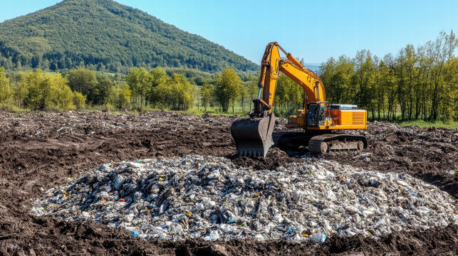 Excavator working in a landfill, managing waste and garbage