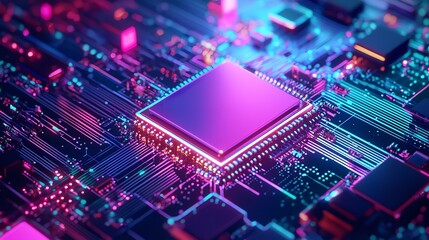 Obraz premium A Vibrant and Dynamic Illustration of an AI Chip Surrounded by Colorful Circuit Patterns and Digital Effects