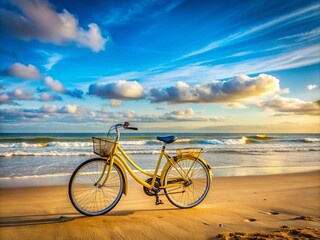 Obraz premium Vibrant Yellow and Blue Bicycle Parked at Zandvoort Beach with Scenic Coastal View in June 2021, Showcasing Dutch Public Transport and Relaxing Beach Atmosphere