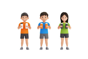 Fototapeta premium Three animated characters hold beverages, wearing colorful athletic outfits, showcasing a lively and energetic vibe.
