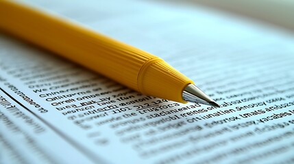 Yellow Pen on Text Document  Close Up Macro Shot