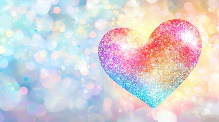 Fototapeta premium A colorful, glittery heart shape surrounded by a soft, blurred background of pastel hues and sparkling lights, evoking love and joy.