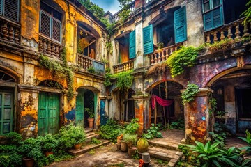 Naklejka premium Vietnamese Urban Exploration: Intricate Patterns & Decaying Beauty - Abandoned Buildings, Street Art, Hanoi, Ho Chi Minh City