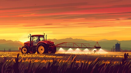 Fototapeta premium Vibrant Sunset Over Farmland with Tractor in Action During Harvest
