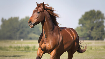 Fototapeta premium A photo of a brown horse running across a grassy field. The horse has its mouth open and its mane is flowing in the wind. The background is clear, with only a few trees visible in the distance.