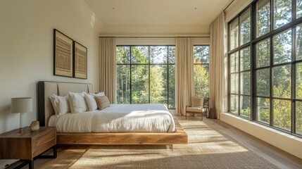 Fototapeta premium A serene bedroom with large windows showcasing nature outside, featuring wooden furniture and soft, neutral tones.