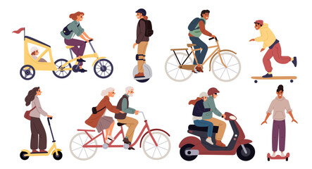 People ride electric city transport. Citizens travel by eco friendly vehicles. Self propelled skateboard and scooter. Man driving motorbike. Woman on gyroscooter. Garish vector set © VectorBum