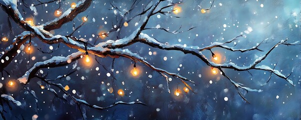 Christmas Lights On Tree Branches With Soft Snow Falling 