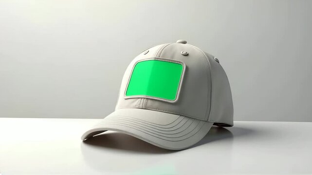 White Baseball Cap with Green Screen Patch Mockup Template for Custom Brand Logo Design in Studio Setting