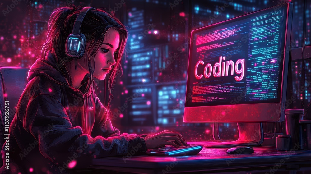 Poster illustration of an ai developer writing code on their computer, with the word 