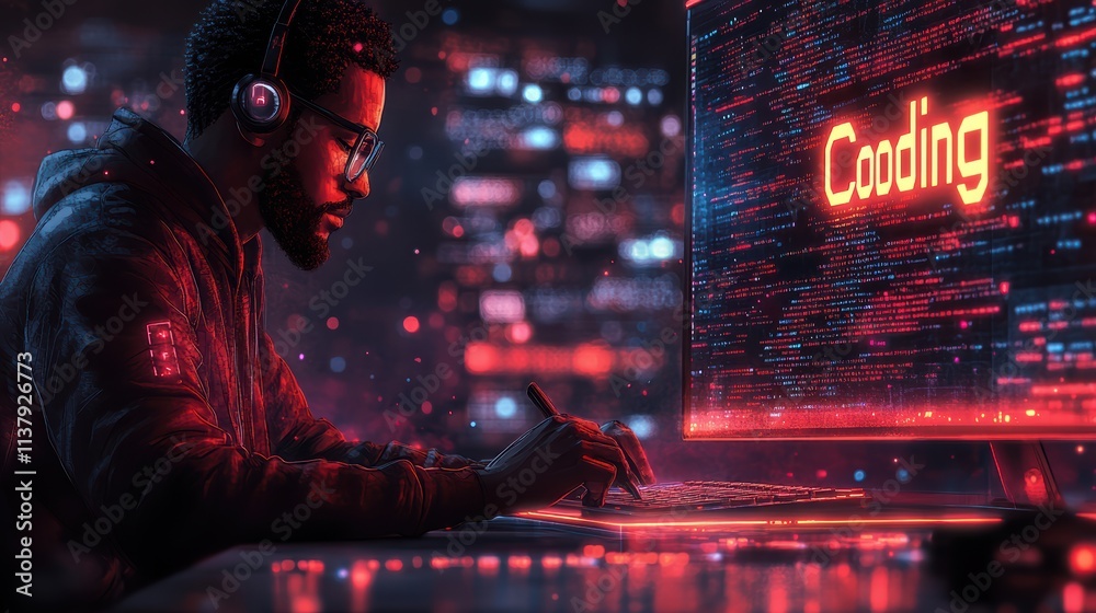 Poster illustration of an ai developer writing code on their computer, with the word 