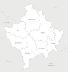 Fototapeta premium Vector regional map of Kosovo with districts and administrative divisions, and neighbouring countries and territories. Editable and clearly labeled layers.
