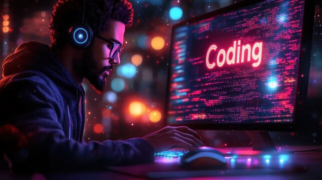 Illustration of an AI developer writing code on their computer, with the word "Coding" written in neon letters above them.