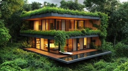 Luxurious eco-friendly house nestled in a lush green forest.