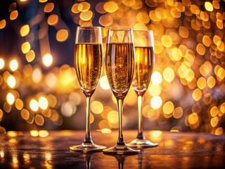 Vintage Champagne Dinner, Luxury Bokeh, Romantic Table Setting, AI Art, Elegant Glasses