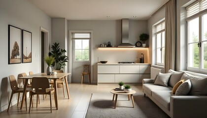 The apartment features an open-concept living area with a compact kitchen, a cozy dining nook, and a comfortable sofa.