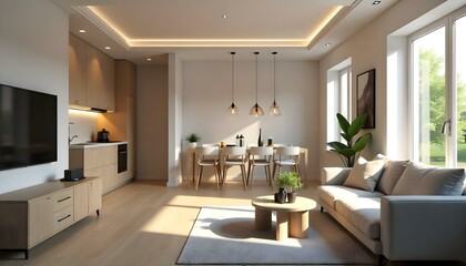 Fototapeta premium The apartment features an open-concept living area with a compact kitchen, a cozy dining nook, and a comfortable sofa.