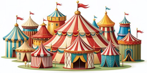 Vintage Circus Tents Collection on White Background for Carnival Festivals, Fun Fairs, and Entertainment Events with a Simple and Playful Artistic Style