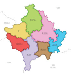 Fototapeta premium Vector illustrated regional map of Kosovo with districts and administrative divisions, and neighbouring countries and territories. Editable and clearly labeled layers.