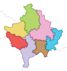 Vector illustrated regional blank map of Kosovo with districts and administrative divisions, and neighbouring countries and territories. Editable and clearly labeled layers.