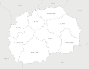 Obraz premium Vector map of North Macedonia with statistical regions and administrative divisions, and neighbouring countries and territories. Editable and clearly labeled layers.
