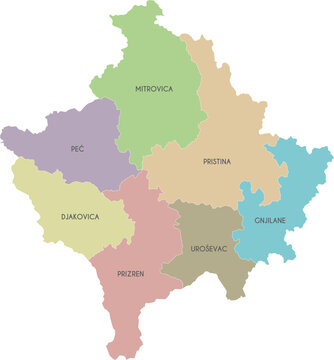 Vector regional map of Kosovo with districts and administrative divisions. Editable and clearly labeled layers.