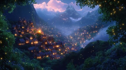 Obraz premium Enchanting Hillside Village Illuminated at Night