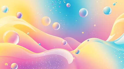 An abstract design with a colorful gradient background, wavy lines, and translucent orbs.
