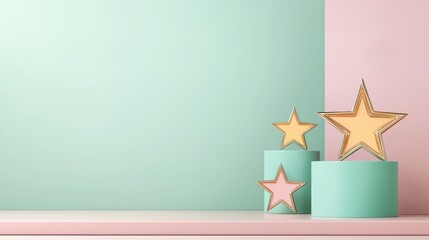 A serene composition featuring decorative stars on pastel-colored pedestals against a soft, muted background, creating a playful yet elegant atmosphere.
