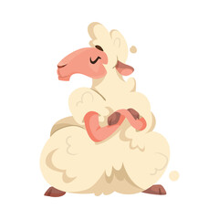 Funny Sheep Farm Character with Wooly Body and Hoof Sit with Grumpy Face Vector Illustration